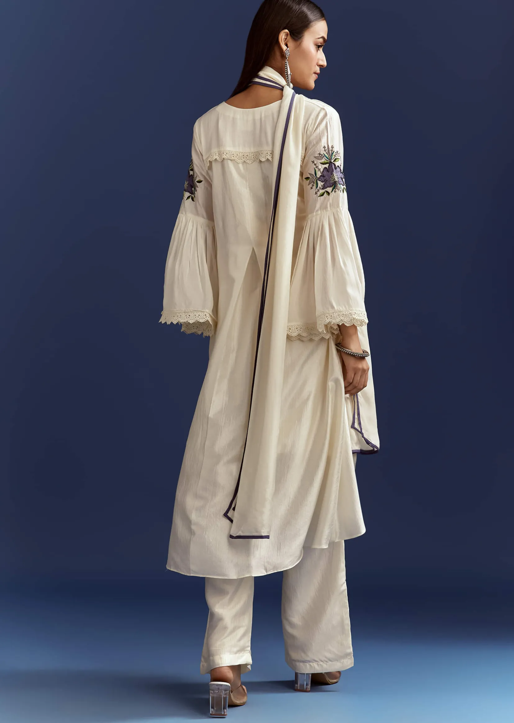 White High Low Kurta With Cut Dana Beads And Applique Work In Fuji Silk