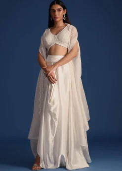 White Jacket With Embellished Blouse And Draped Skirt