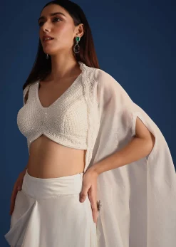 White Jacket With Embellished Blouse And Draped Skirt