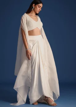 White Jacket With Embellished Blouse And Draped Skirt