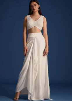 White Jacket With Embellished Blouse And Draped Skirt