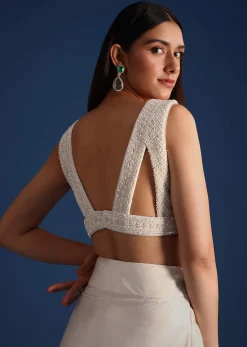 White Jacket With Embellished Blouse And Draped Skirt