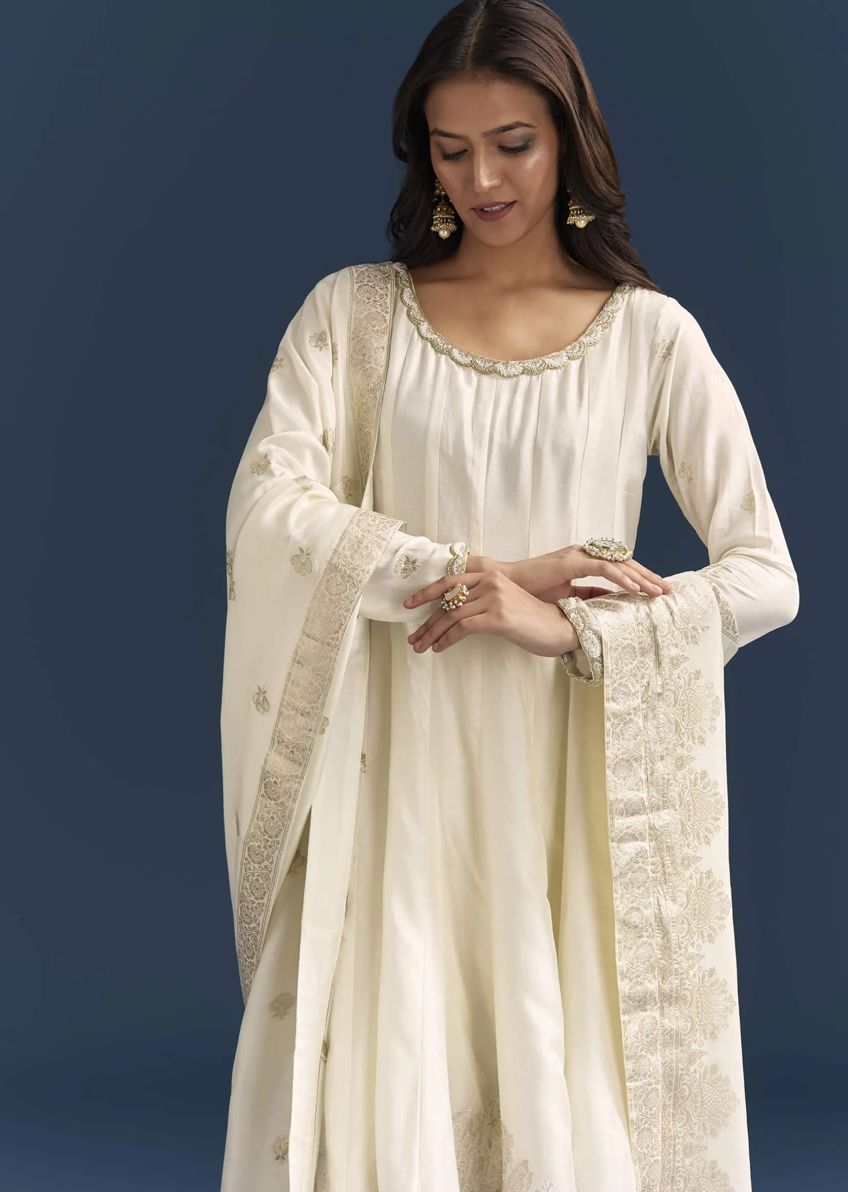 White Jacquard Anarkali Suit With Organza Dupatta