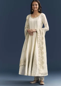 White Jacquard Anarkali Suit With Organza Dupatta