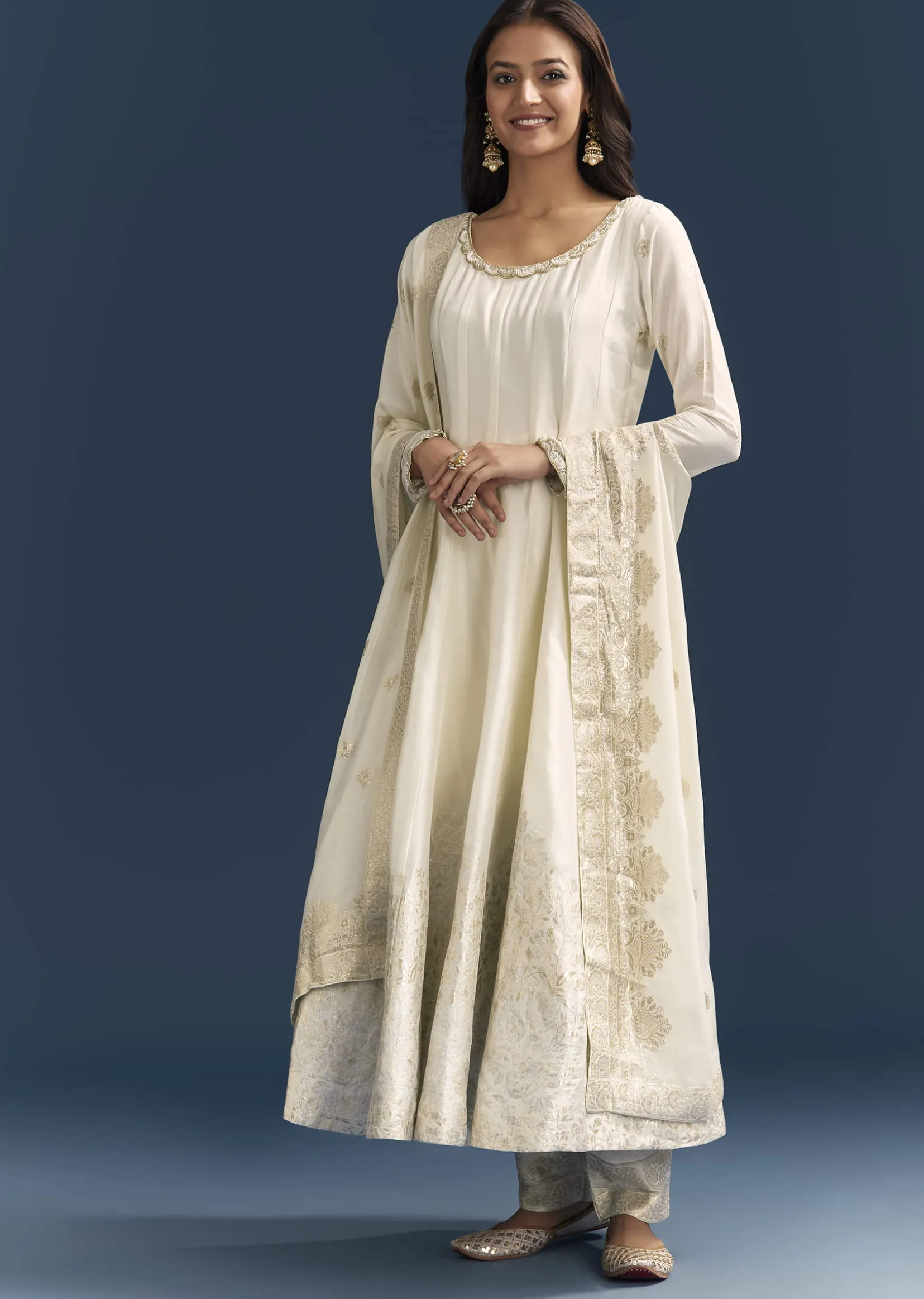 White Jacquard Anarkali Suit With Organza Dupatta