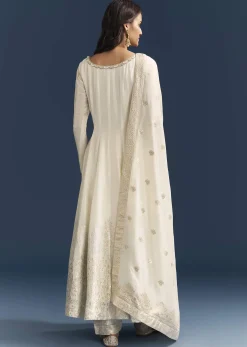 White Jacquard Anarkali Suit With Organza Dupatta