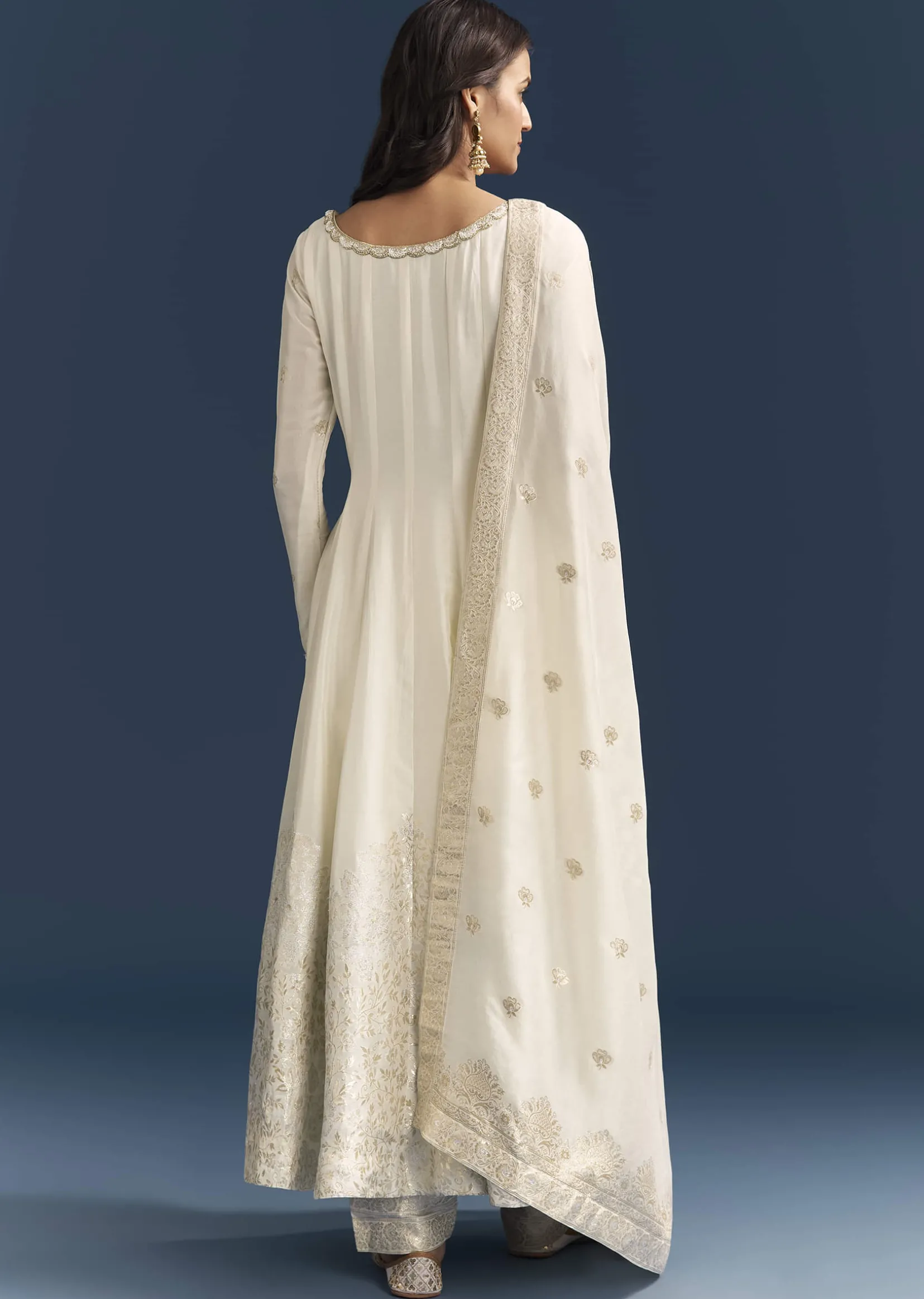 White Jacquard Anarkali Suit With Organza Dupatta