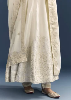 White Jacquard Anarkali Suit With Organza Dupatta