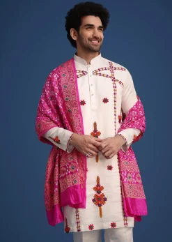 White Kurta Pant Set With Rani Pink Dupatta