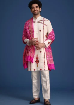 White Kurta Pant Set With Rani Pink Dupatta