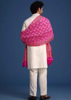 White Kurta Pant Set With Rani Pink Dupatta
