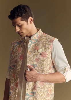White Linen Jacket and Shirt Accentuated With Kantha Embroidery