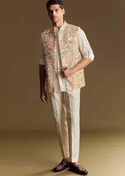 White Linen Jacket and Shirt Accentuated With Kantha Embroidery