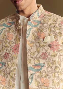 White Linen Jacket and Shirt Accentuated With Kantha Embroidery