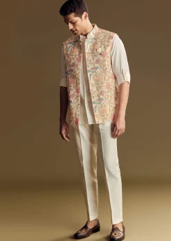 White Linen Jacket and Shirt Accentuated With Kantha Embroidery