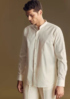 White Linen Jacket and Shirt Accentuated With Kantha Embroidery