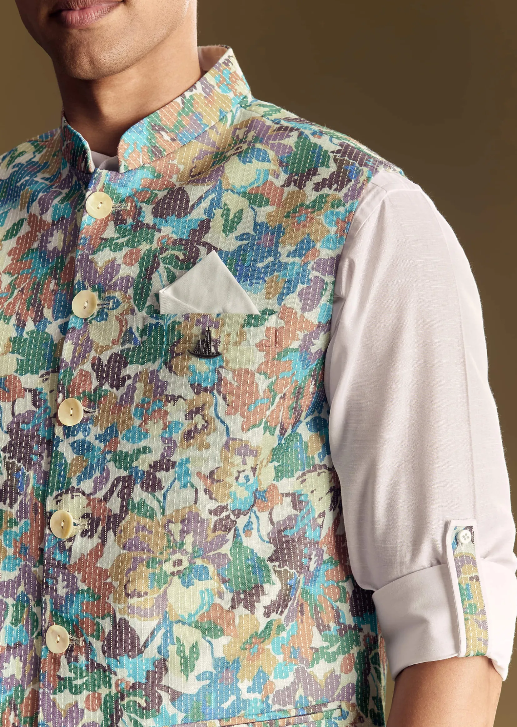 White Linen Jacket and Shirt With Multicolor Kantha Detailing