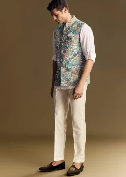 White Linen Jacket and Shirt With Multicolor Kantha Detailing