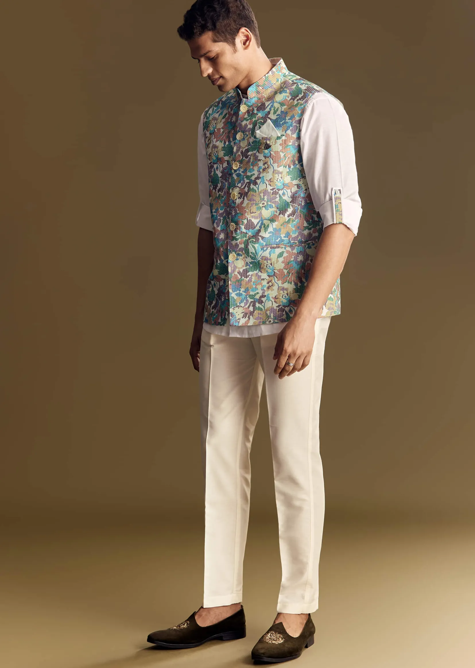 White Linen Jacket and Shirt With Multicolor Kantha Detailing