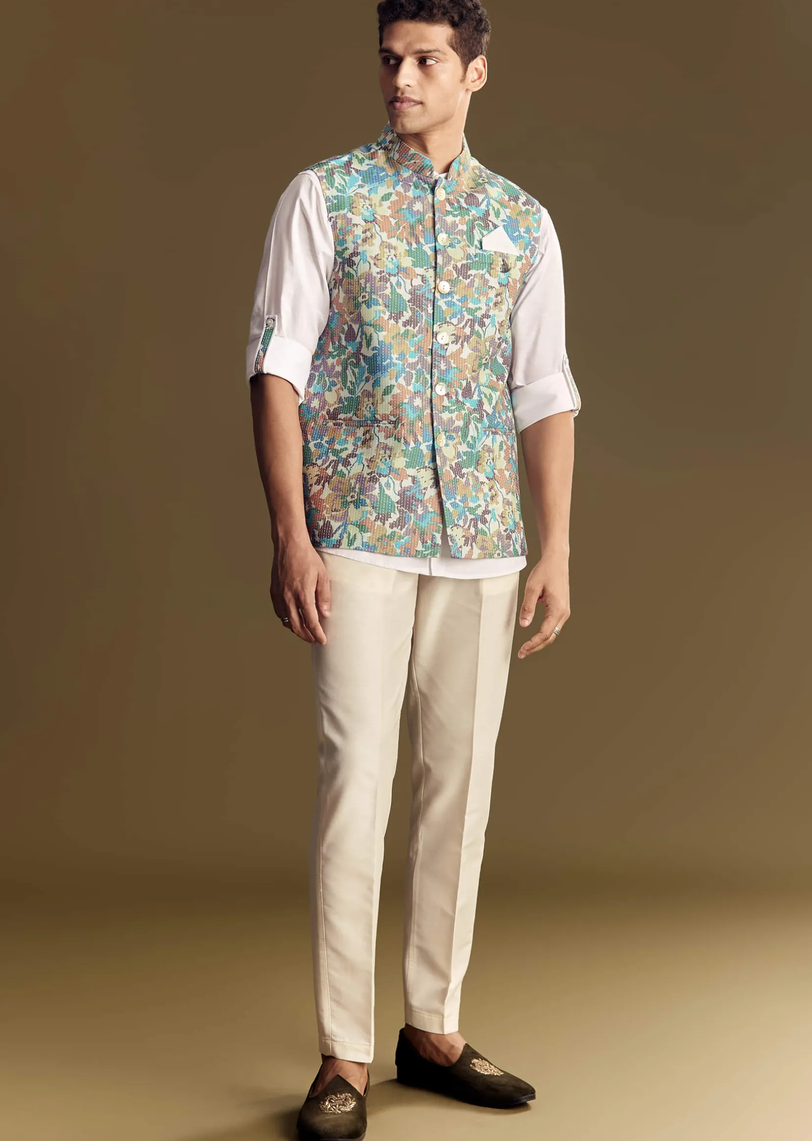 White Linen Jacket and Shirt With Multicolor Kantha Detailing