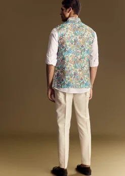 White Linen Jacket and Shirt With Multicolor Kantha Detailing