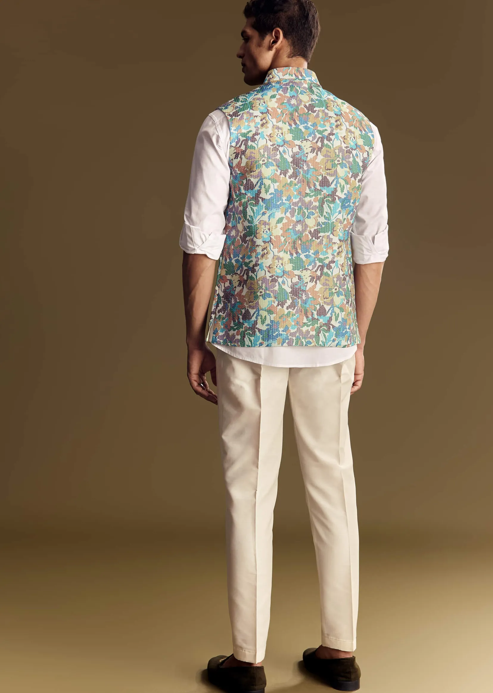 White Linen Jacket and Shirt With Multicolor Kantha Detailing
