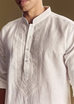 White Linen Kurta Set With Thread Embroidery