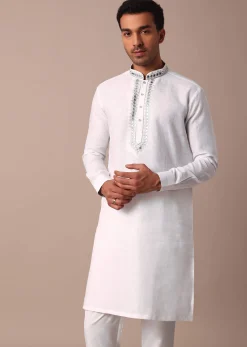 White Linen Kurta With Thread Detail Yoke