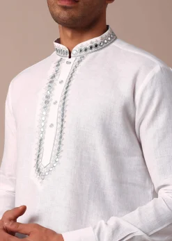 White Linen Kurta With Thread Detail Yoke