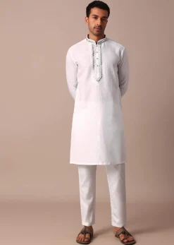 White Linen Kurta With Thread Detail Yoke