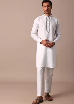 White Linen Kurta With Thread Detail Yoke