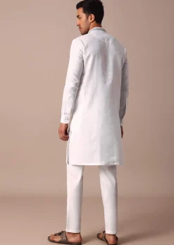 White Linen Kurta With Thread Detail Yoke