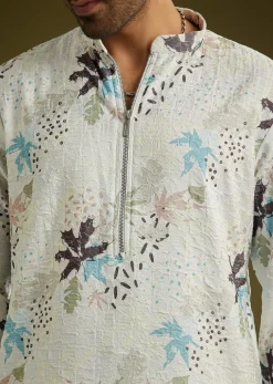 White Linen Zipper Kurta Set With Abstract Leaf Motifs