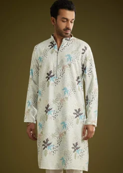 White Linen Zipper Kurta Set With Abstract Leaf Motifs