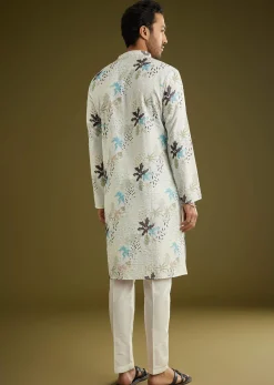 White Linen Zipper Kurta Set With Abstract Leaf Motifs