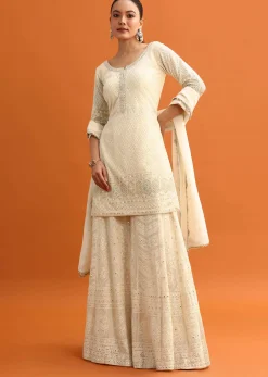 White Lucknowi Work Palazzo Set With Dupatta