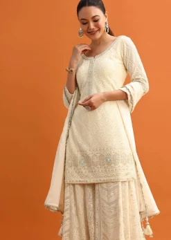 White Lucknowi Work Palazzo Set With Dupatta