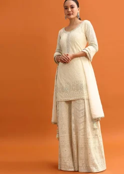 White Lucknowi Work Palazzo Set With Dupatta
