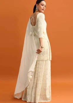 White Lucknowi Work Palazzo Set With Dupatta