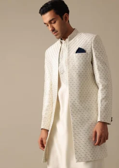 White Mirror Embellished Sherwani Set