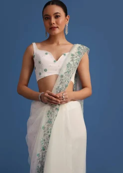 White Net Cutdana And Sequin Embroidered Saree