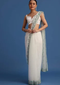 White Net Cutdana And Sequin Embroidered Saree