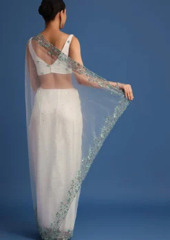 White Net Cutdana And Sequin Embroidered Saree