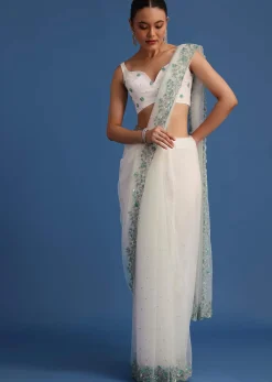 White Net Cutdana And Sequin Embroidered Saree