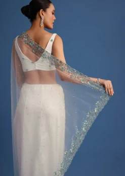 White Net Cutdana And Sequin Embroidered Saree