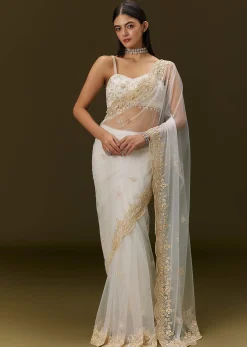 White Net Heavy Embroidered Saree With Embellished Border