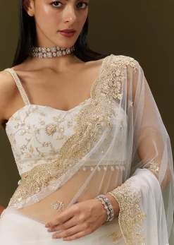 White Net Heavy Embroidered Saree With Embellished Border