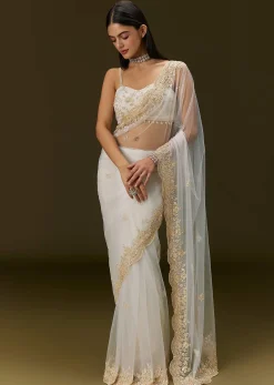 White Net Heavy Embroidered Saree With Embellished Border