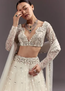 White Net Lehenga Set With Embellished Blouse And Dupatta