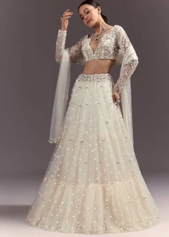 White Net Lehenga Set With Embellished Blouse And Dupatta